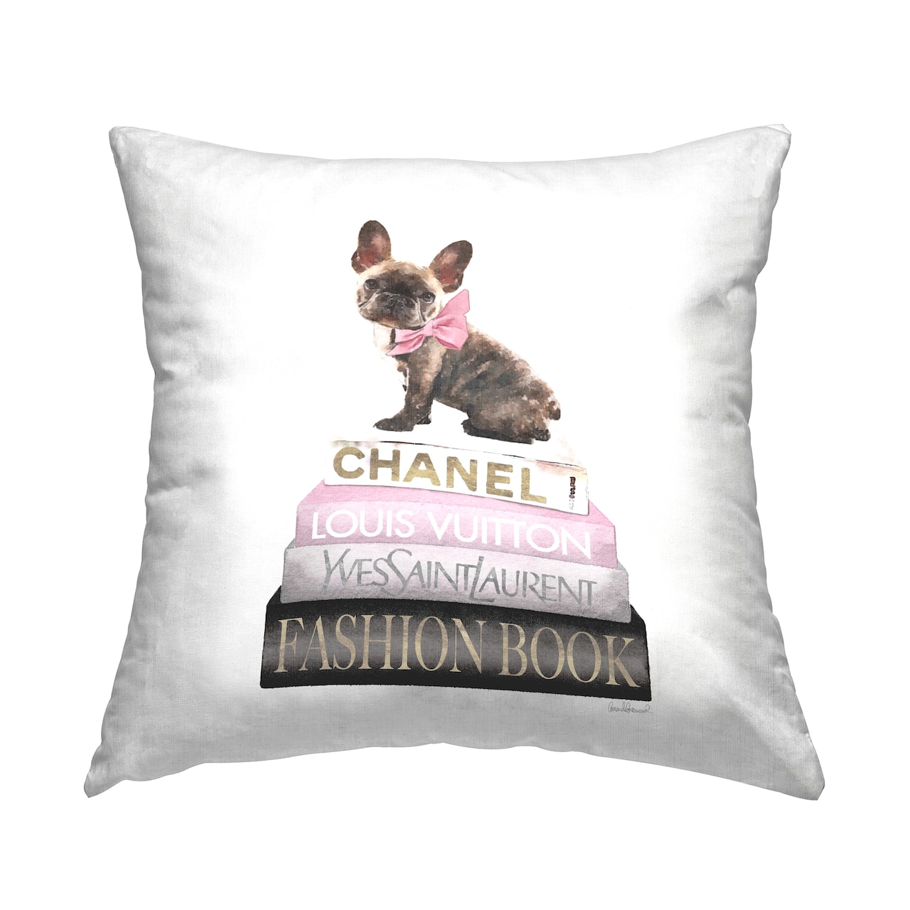 Stupell Industries Pink Bow Dog Gold Black Bookstack Glam Fashion Throw Pillow 18" x 18"